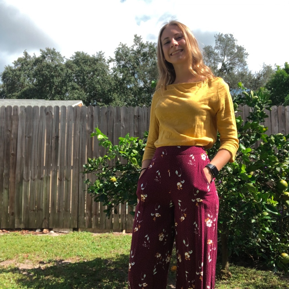 Junior girls floral pants and mustard shirt